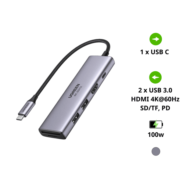 Hub Type C Đa Năng UGREEN 60384 – Hỗ Trợ PD 100W – HDMI 4K@60Hz – 2 Cổng USB 3.0 – Vỏ Nhôm Cao Cấp