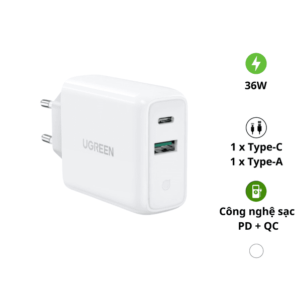 Củ sạc nhanh Ugreen 2 cổng 36W – Sạc nhanh đồng thời 2 thiết bị