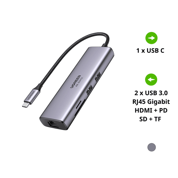 Bộ chuyển đổi Type C UGREEN 60515 1 Bộ chuyển đổi Type C UGREEN 60515 – 2xUSB 3.0, HDMI, RJ45, SD, TF + PD