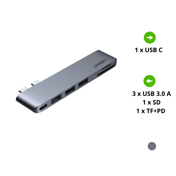 Hub Type C cho MacBook 2 cổng USB-C ra 3 cổng USB3.0-A+SD+TF+PD Ugreen 60560