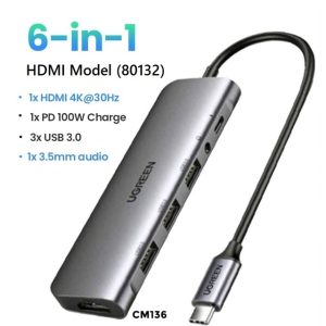 Bộ chuyển đổi Type C sang HDMI, 3xUSB 3.0, 1xAUX3.5mm, 1xPD Ugreen 80132