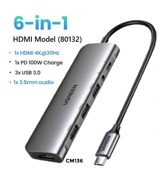 Bộ chuyển đổi Type C sang HDMI, 3xUSB 3.0, 1xAUX3.5mm, 1xPD  Ugreen 80132