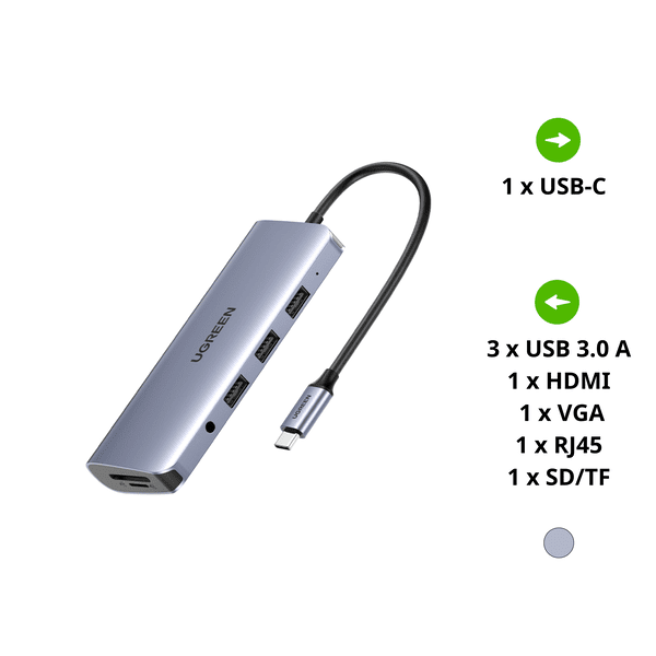 Bộ chuyển đổi Type C UGREEN 80133 – 3*USB 3.0+HDMI+VGA+RJ45 +SD/TF+3.5mm Audio+PD
