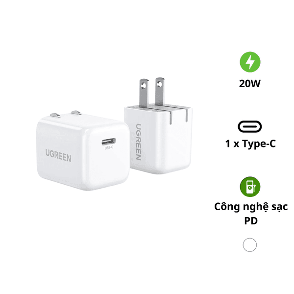 Củ sạc nhanh PD20W UGREEN CD249 Cổng sạc Type C 1 Củ sạc GAn Ugreen