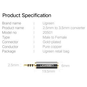 Đầu chuyển đổi 2.5mm đực sang 3.5mm cái dài 25mm UGREEN 20501