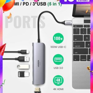 Hub Type C cho MacBook/ Laptop các thiết bị máy tính điện thoại hỗ trợ USB type C truyền âm thanh hình ảnh UGREEN 40873 50538 50539 70411 50209 50319 50516 50771 60557 50990 50989 50210 20197 - ghi-5 in1 - 70495