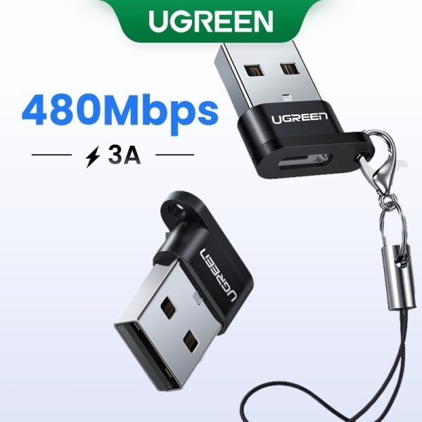 Đầu chuyển USB-A sang USB-C Ugreen US280 vỏ nhôm màu đen, kích thước nhỏ gọn, kèm dây đeo màu đen móc mạ niken