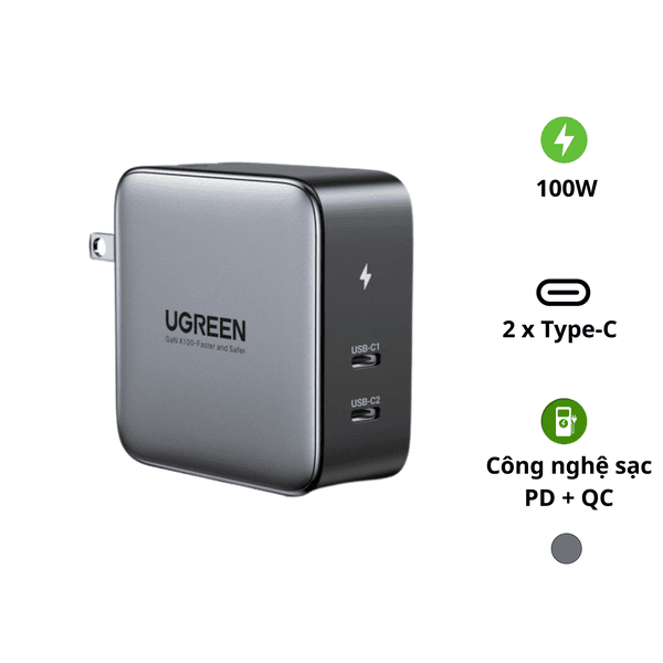 Củ sạc nhanh GaN Ugreen 100W – 2 cổng Type C
