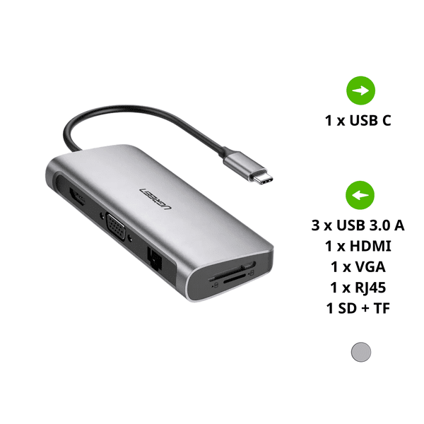 Bộ chuyển đổi Type C sang 3 USB 3.0 + HDMI + VGA + LAN + SD/TF + hỗ trợ nguồn Type C Ugreen 40873
