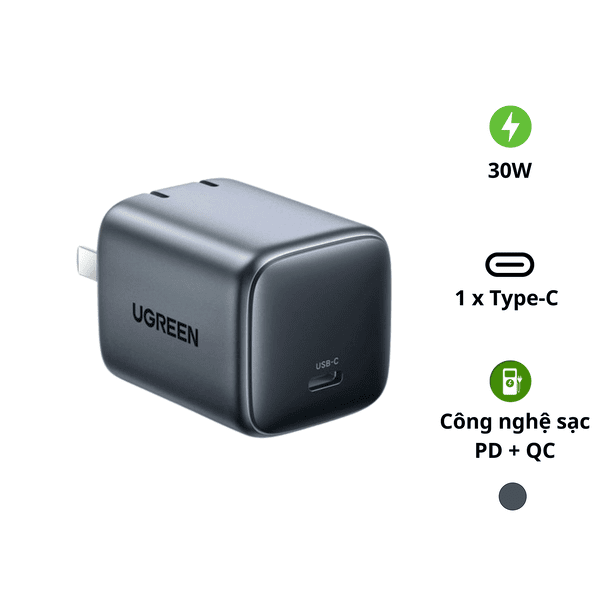 Củ sạc nhanh 30W GaN Ugreen CD319 đen ghi