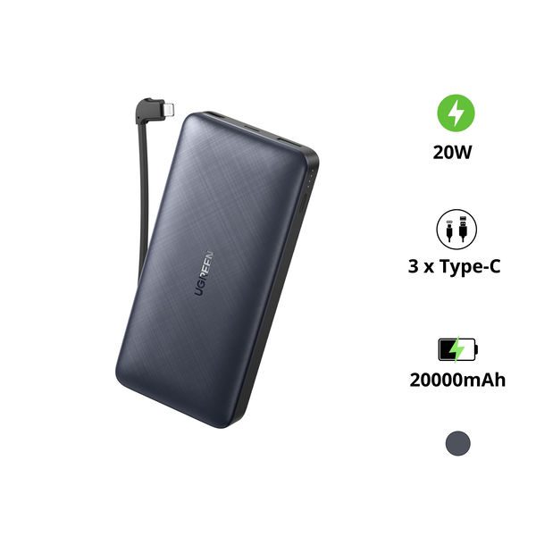 Pin sạc dự phòng Ugreen 10400 20.000mAh, tích hợp cáp Lightning – Sạc nhanh 20W, tích hợp cáp Lightning