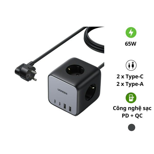 Ổ cắm điện đa năng UGREEN C268 trạm sạc để bàn 65W 1 Ổ cắm điện đa năng UGREEN C268 trạm sạc để bàn 65W – 2 USB-C, 2 USB-A