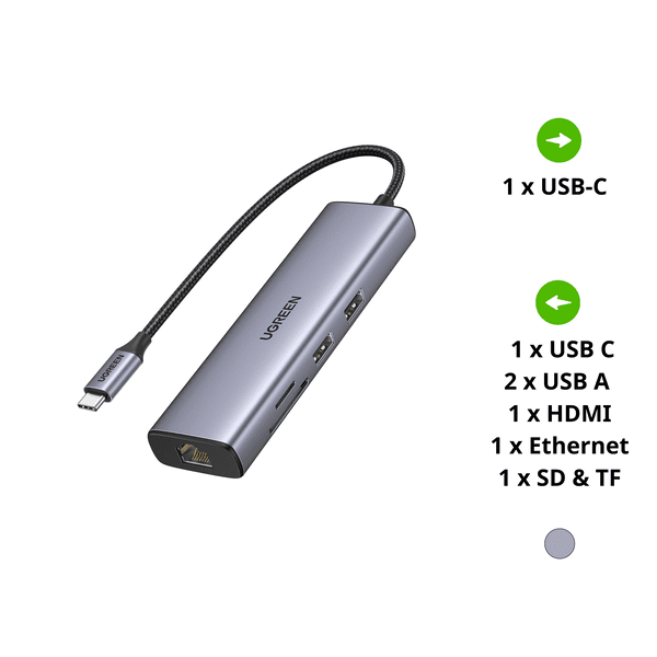 Hub chuyển đổi Type C Ugreen 90568 – 4K30Hz USB type C to 2 * USB3.0 + HDMI + RJ45 + SD&TF + PD Converter