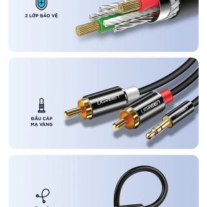 Dây Audio 3.5mm ra 2 đầu RCA (Hoa sen) dài 3M UGREEN AV116 10590 14 Dây Audio 3.5mm ra 2 đầu RCA (Hoa sen) dài 3M UGREEN AV116 10590