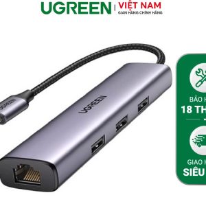 Hub chia USB Type-C to 3 cổng USB 3.0 Type-A kèm Lan Gigabit, vỏ nhôm chính hãng Ugreen 60600