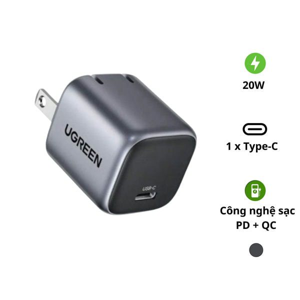 Củ sạc nhanh GaN 20W Ugreen CD318 cho IPhone, SamSung, Xiaomi, Oppo