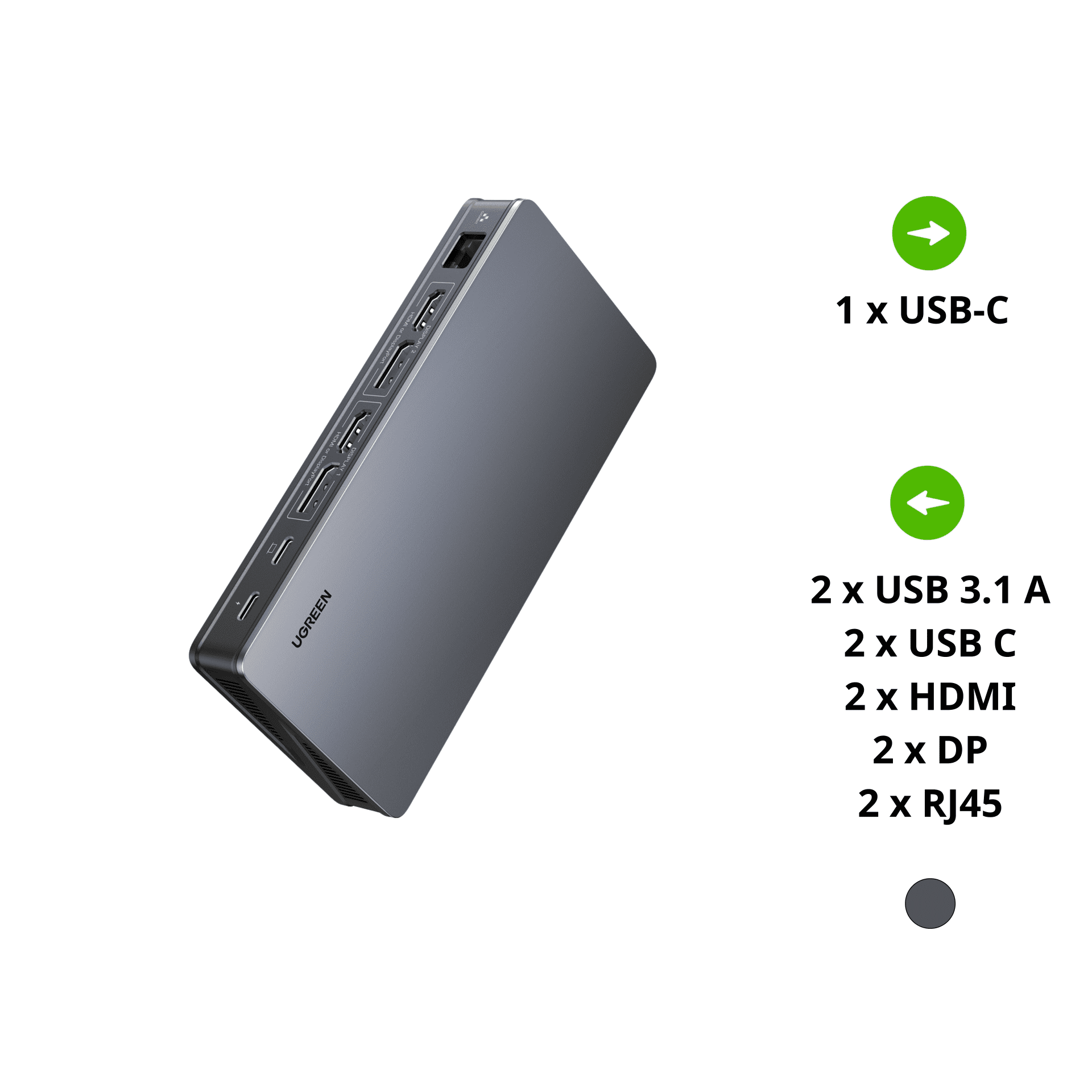 Hub USB-C Đa Năng UGREEN 90912 Hỗ Trợ 4K@60Hz và USB 3.1 – 2xUSB-A 3.2, USB-C 3.2, 2xHDMI, 2xDP, RJ45 Gigabit,PD