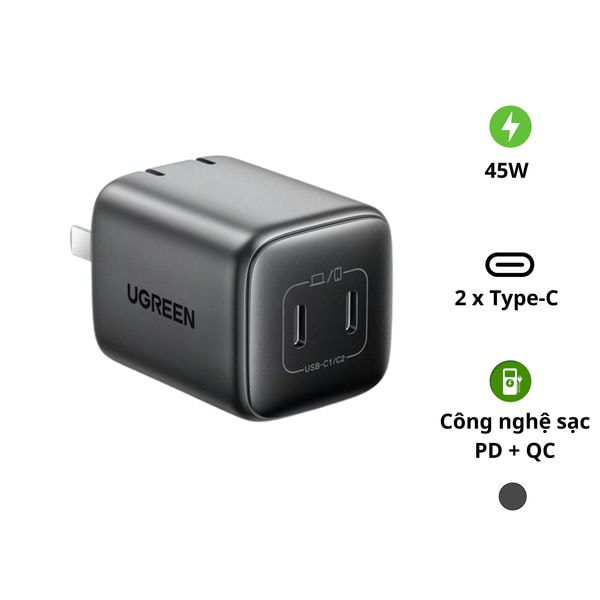 Củ sạc nhanh 45W Ugreen CD294 chân tròn – công nghệ GaN