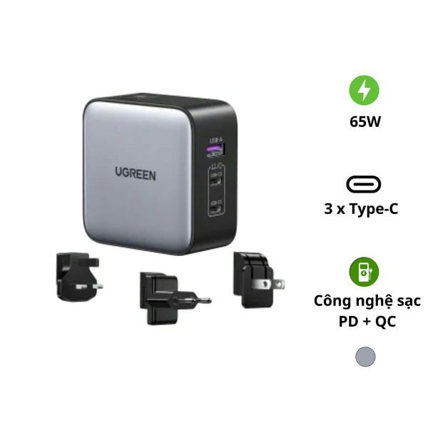 Củ sạc nhanh 65W kèm dây cáp Ugreen Nexode GaN CD296 1 Củ sạc nhanh 65W kèm dây cáp Ugreen Nexode GaN CD296 – 3 Cổng USB-C và Đầu Cắm US/UK/EU cho Du Lịch