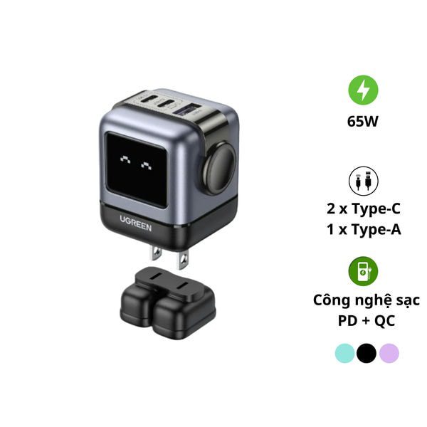 Củ sạc nhanh 65W RoboGaN Mini Ugreen CD361 – sạc nhanh 65W, chân dẹt