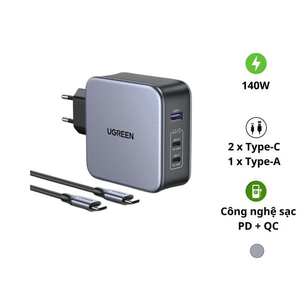Củ sạc nhanh 140W chân tròn Ugreen CD289 công nghệ GaN – 2xUSB-C, 1xUSB-A, kèm dây sạc