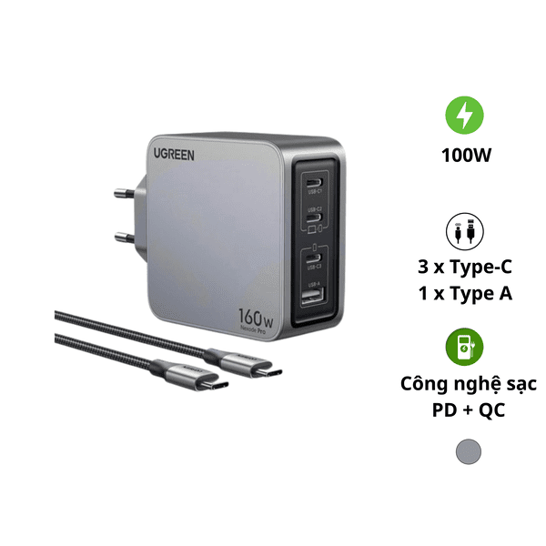 Củ sạc nhanh kèm cáp cho điện thoại và laptop UGREEN Nexode Pro X763 160W 1 Củ sạc nhanh kèm cáp cho điện thoại và laptop UGREEN Nexode Pro X763 160W