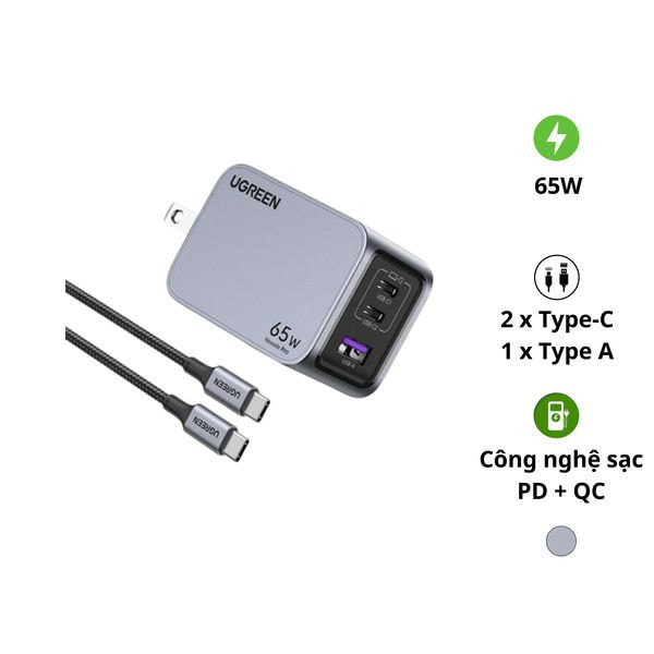 Củ sạc Type-C 65W Nexode Pro UGREEN X755 – 2 cổng Type C, 1 cổng USB-A