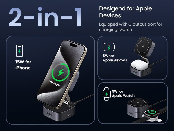 Sạc UGREEN W702 MagSafe Từ Tính 2 trong 1 (iPhone 15W + AirPods 5W) - Tặng Kèm Củ Sạc và Cáp