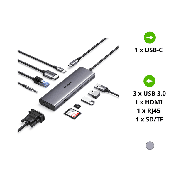 Hub chuyển đổi Type C Ugreen 15600 – Sạc PD 100W, HDMI 4K@30Hz, Ethernet, USB 3.0 sang 3 cổng USB-A 3.0,  VGA, RJ45 1.0Gbps, SD/TF