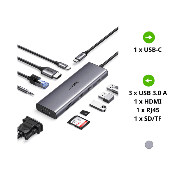 HUB chuyển đổi Type C Ugreen 15601 – USB-C sang 3xUSB-A 3.0 + HDMI + VGA+ RJ45(LAN) + SD/TF +3.5mm+PD 4K30Hz