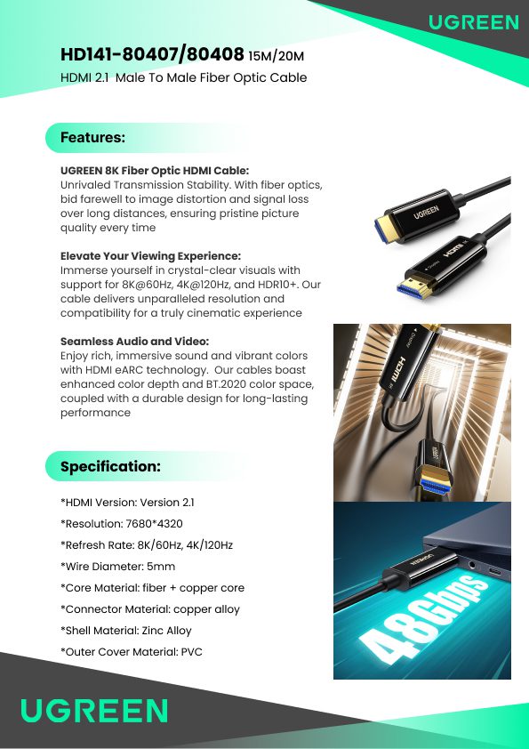 Cáp HDMI Quang UGREEN HD141 - 8K@60Hz, HDR 16 Cáp HDMI Quang UGREEN HD141 - 8K@60Hz, HDR