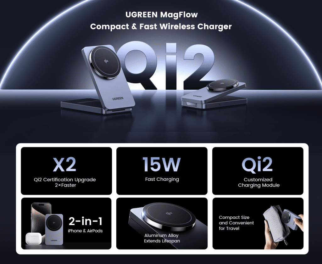 Đế sạc không dây từ tính 2 in 1 Ugreen W706