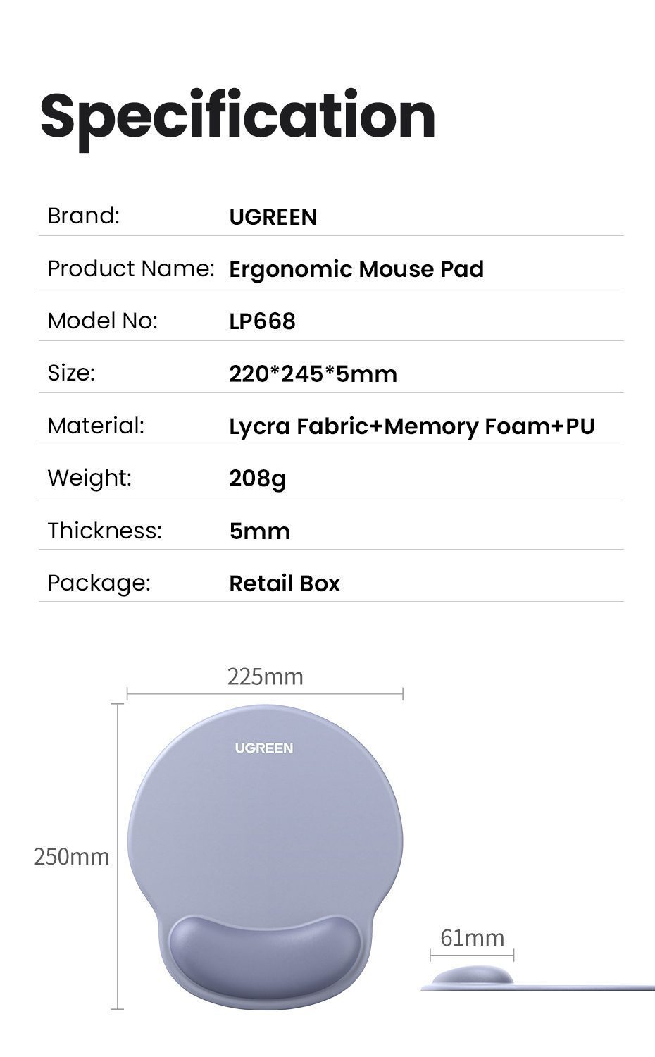 Tấm lót chuột kê cổ tay UGREEN LP668
