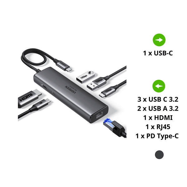 Hub Type-C 6 in 1 HDMI 4K@60Hz/Hub USB 3.0/LAN/PD 100W Ugreen 45000 – HDMI+2xUSB-A 3.2+ USB 3.2 C+RJ45+ 100W PD