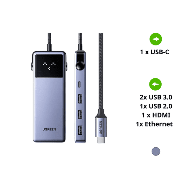 Ugreen 45155 Hub USB-C 7 trong 1 HDMI 4K@60Hz, Ethernet 1Gbps – HDMI 4K@60Hz, 2x USB 3.0 (5Gbps), 1x USB 2.0, 1x USB-C 3.0, 1x Ethernet 1000Mbps, 1x USB-C PD 100W, 1x SD/TF (104MB/s)