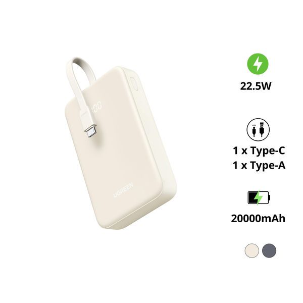 Pin sạc dự phòng 20000mAh tích hợp cáp sạc Ugreen PB505 – USB-A, USB-C và cáp Type-C tích hợp – Hỗ trợ sạc nhanh 22.5W