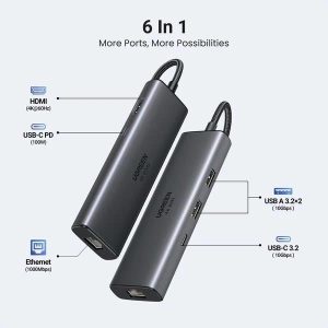 Hub Type-C 6 in 1 HDMI 4K@60Hz/Hub USB 3.0/LAN/PD 100W Ugreen 45000