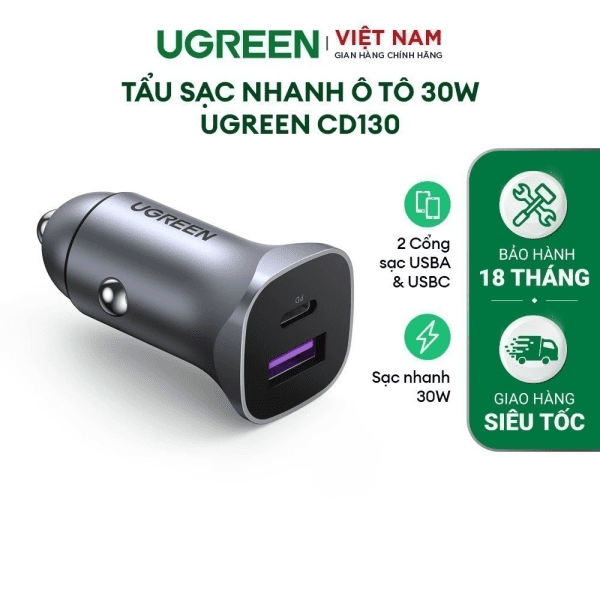 Tẩu sạc nhanh ô tô 2 cổng 1C1A 30W UGREEN 40858