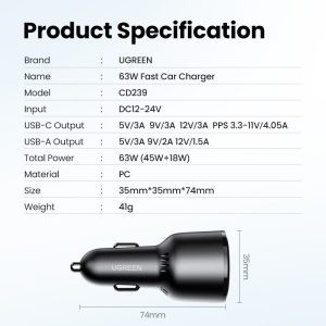 Tẩu Sạc ô tô 2 cổng USB-C và USB-A Ugreen 90645 21 Tẩu Sạc ô tô 2 cổng USB-C và USB-A Ugreen 90645