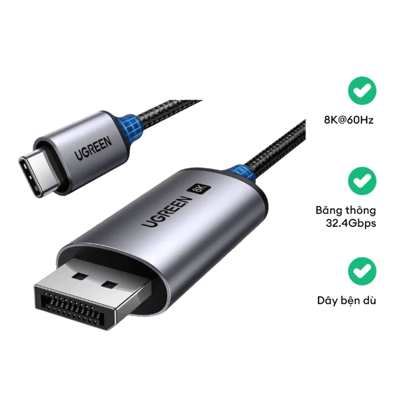 Cáp Thunderbolt Type-C to Displayport 1.4 Ugreen CM556 – Hỗ trợ 8K@60Hz, DisplayPort 1.4, truyền hình ảnh mượt mà, ổn định cho làm việc và giải trí cao cấp.
