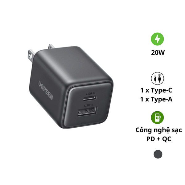 Củ sạc nhanh 2 cổng 1C1A 20W UGREEN 55533