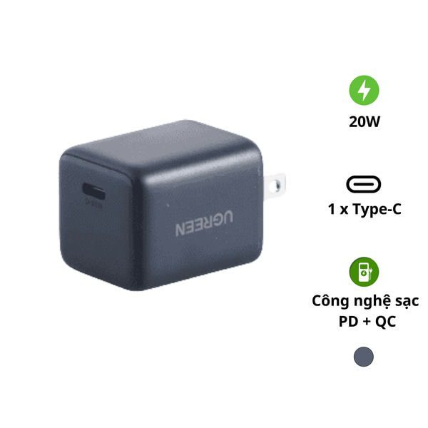 UGREEN 55527 củ sạc nhanh 20W 1 cổng Type-C – Công nghệ GaN tiên tiến, sạc nhanh cho iPhone, iPad, Samsung, Huawei