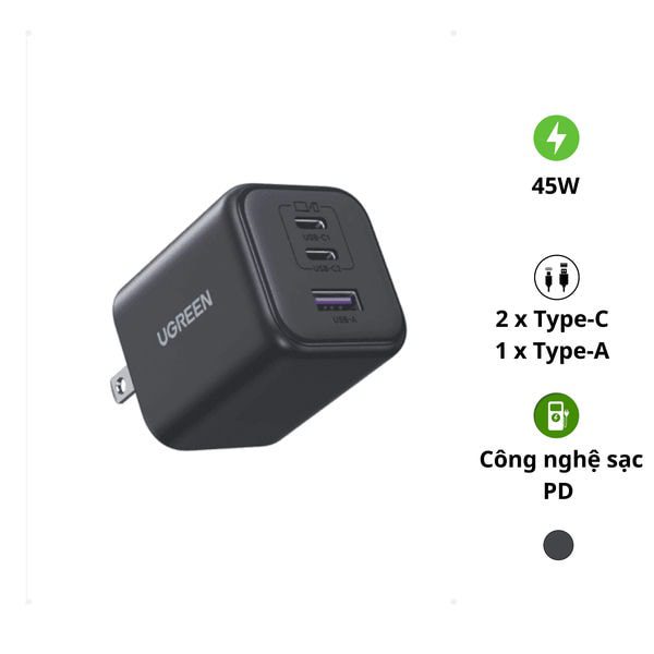 Củ sạc nhanh 1 cổng Type C 45W Ugreen 65155B – Giải pháp sạc tối ưu, an toàn và tiện lợi cho mọi thiết bị