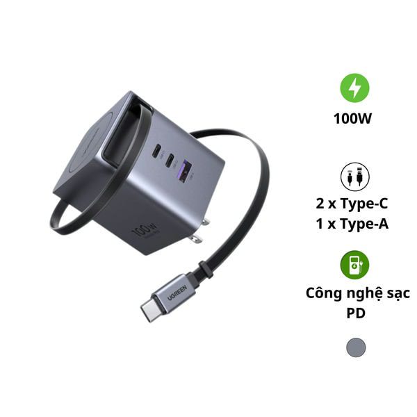 Ugreen 65827 X616 Củ sạc 100W tích hợp cáp 1 Ugreen 65827 X616 Củ sạc 100W tích hợp cáp – Sạc nhanh 3 cổng (2 USB-C + 1 USB-A) kèm dây rút USB-C, hỗ trợ PD3.0/PPS/QC4+ cho MacBook, iPhone, Samsung, Laptop