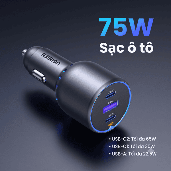 Tẩu sạc ô tô Ugreen 75W 3 cổng 2C1A EC703 35024 12 Tẩu sạc ô tô Ugreen EC703 75W với hai cổng USB-C và một cổng USB-A, vỏ ABS sơn kim loại