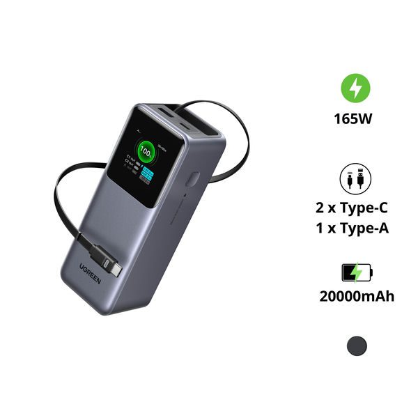 Pin Sạc Dự Phòng 20000mAh Ugreen PB726 165W 1 Pin Sạc Dự Phòng 20000mAh Ugreen PB726 165W – tích hợp cáp Type-C, 1C1A