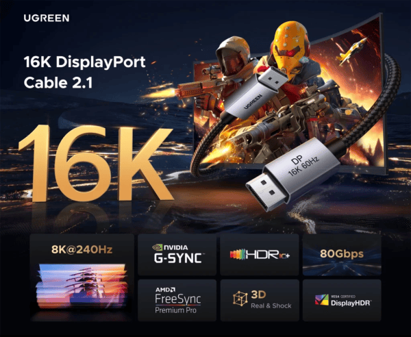 Cáp DisplayPort 16K Ugreen DP131 58 Cáp DisplayPort 16K Ugreen DP131 vỏ nhôm xám bạc, dây bọc dù đen, hai đầu DP đực