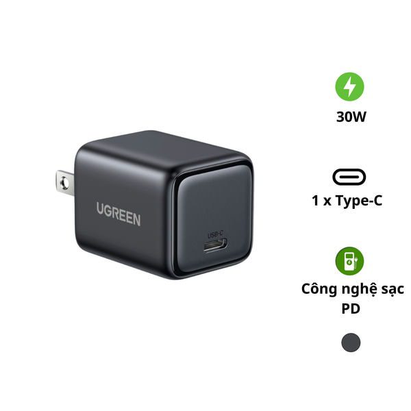 Củ sạc nhanh GaN 30W UGREEN X513 (55530) 1 Củ sạc nhanh GaN 30W UGREEN X513 (55530) – Bộ sạc PD 1 cổng USB-C, Tương thích iPhone 15/14/13, Samsung, MacBook Air, iPad, Pixel