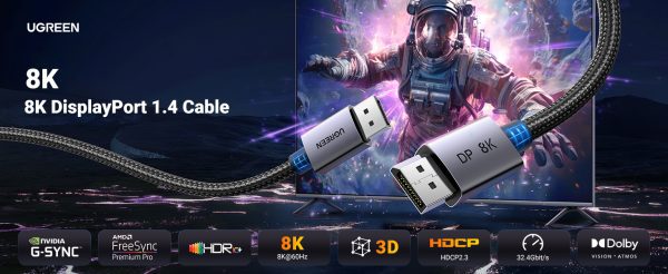 Cáp DisplayPort 8K Ugreen DP120 vỏ nhôm bọc dù, đầu cắm DP 1.4 có chốt khóa