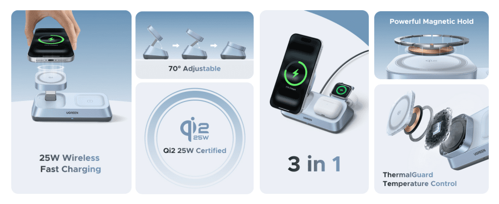 Đế sạc không dây 3 in 1 Qi2.2 Ugreen W711 – 55677